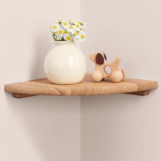 Gieanoo Corner Floating Shelf 9inch Solid Oak Wood Floating Corner Shelf with Wire Hole Corner Wall Mount Storage Display Shelves for Living Room Bedroom Bathroom Kitchen