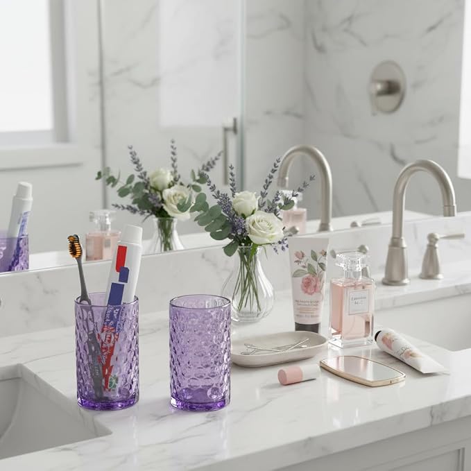 Bathroom Toothbrush Holder Set, 11oz Purple Glass Toothbrush Holder and Bathroom Tumbler Cup Set, Decorative Countertop Storage Cups Organizer for Toothpaste, Brushes
