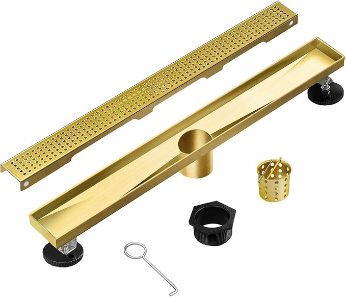 Linear Shower Drain, 48 inch Gold Drain with Removable Grate Cover, Brushed 304 Stainless Steel Shower Floor Drain, Linear Drain with Hair Strainer and Adjustable Feet