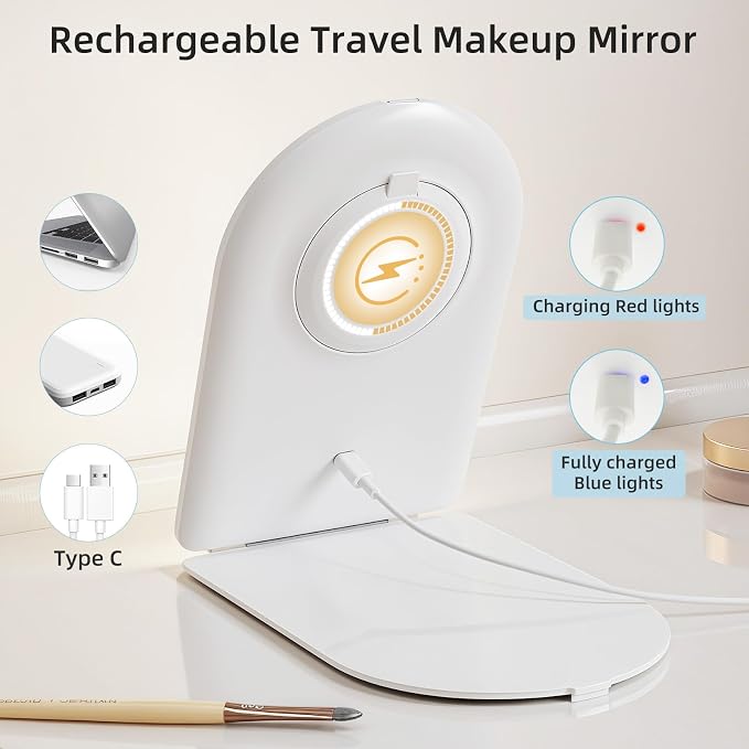 FUNTOUCH Rechargeable Travel Makeup Mirror with Lights Small 10X Magnify | Portable Lighted Compact Mirror with 10X Magnification,3 Lighting, Dimmable Touch, Tabletop Folding Cosmetic Vanity Mirror