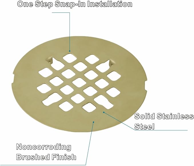 Gold Brushed Snap-in Shower Drain Cover Replacement, Welsan Stainless Steel 4-1/4" OD Round Shower Strainer Grid Easy to Install