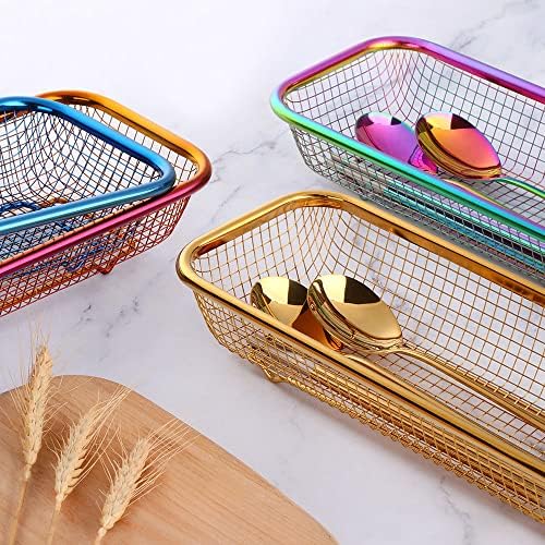 Kitchen Flatware Drawer Organizer, 2pcs Stackable Mesh Cabinet Storage Basket, Stainless Steel Kitchen Utensils Filter Drying Rack Holder for Knives, Fork, Spoon Chopsticks (Rose Gold)