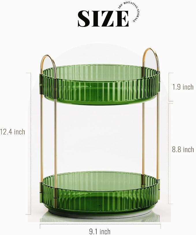 Bathroom Organizer Countertop, Rotating Makeup Organizer for Vanity, Clear Under Sink Organizers, Vanity Tray Shelf for Cosmetic, Skin Care, Perfume (Green, 2 Tier)