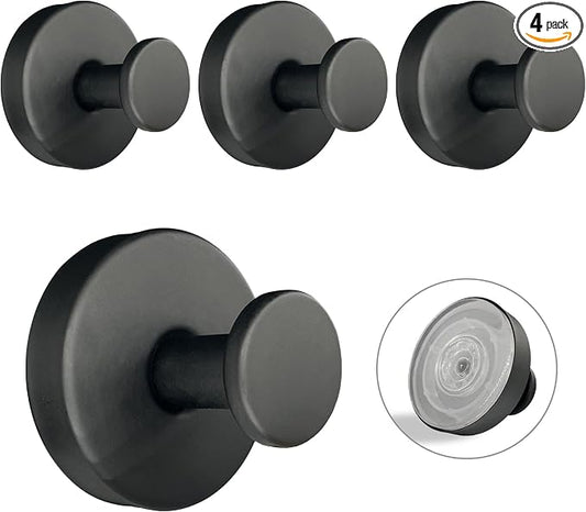 Suction Cup Hooks for Shower - 4 Pack, Matte Black - Stainless Steel, Strong Suction, No Drill, Removable Hanger, Tile Bathroom Kitchen Wall, Glass Door, Mirror Hook Hanging Robe, Towel Holder