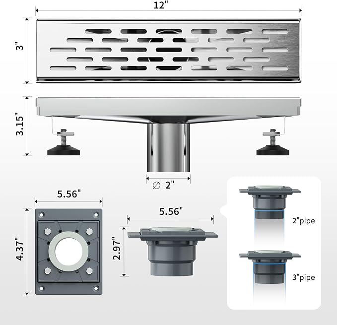 EMBATHER 12 Inches Shower Drain with Removable Strainers,PVC Shower Drain Base for Bathroom Floor Drain,Brushed Nickel Stainless Finished