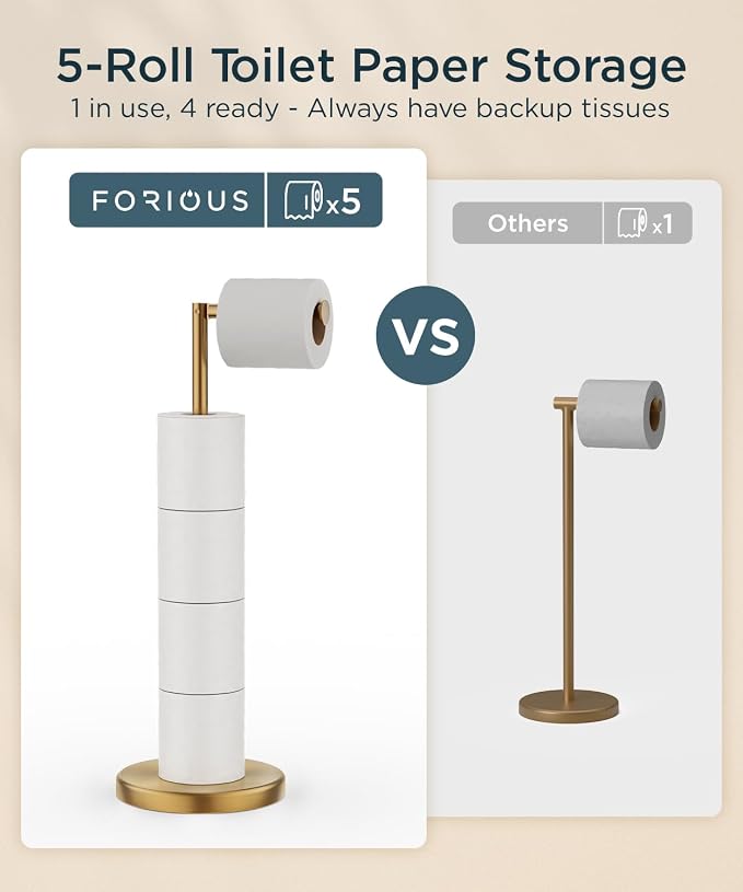 FORIOUS Toilet Paper Holder Stand, 4 Roll Storage, Weighted Base | Brushed Gold | Freestanding Tissue Roll Holder | SUS304 Stainless Steel Rustproof | Bathroom Toilet Paper Stand | Modern
