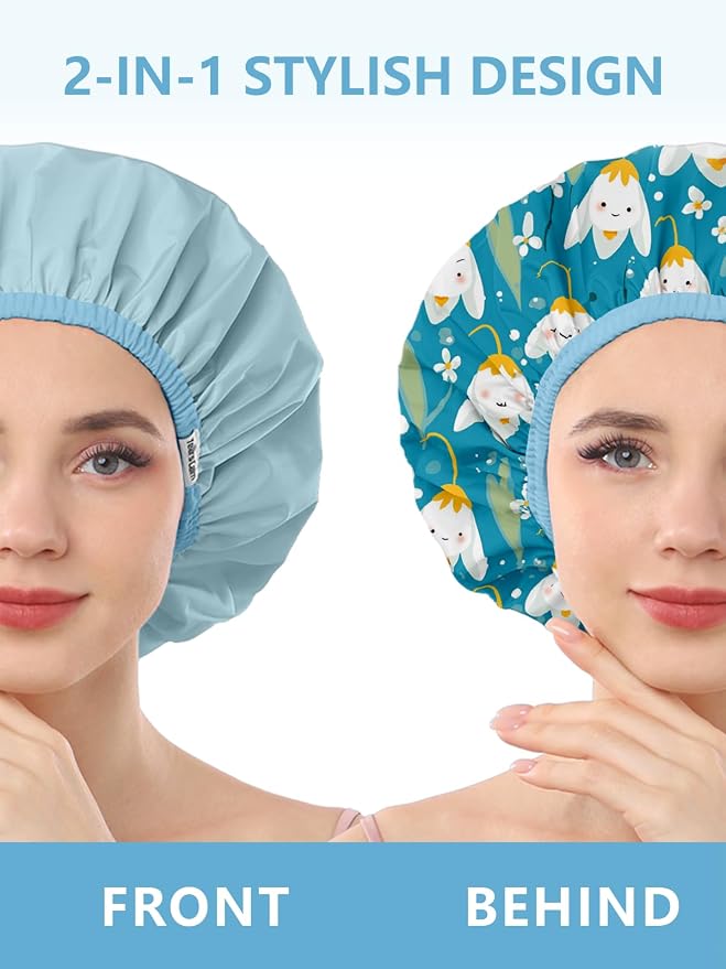 Years calm Shower Caps for Women Reusable Waterproof Double Layer Hair Cap | Both Sides Usable, Reversible Pattern & Solid Color Design, Soft Elastic Keeps Hair Dry for shower Spa Travel