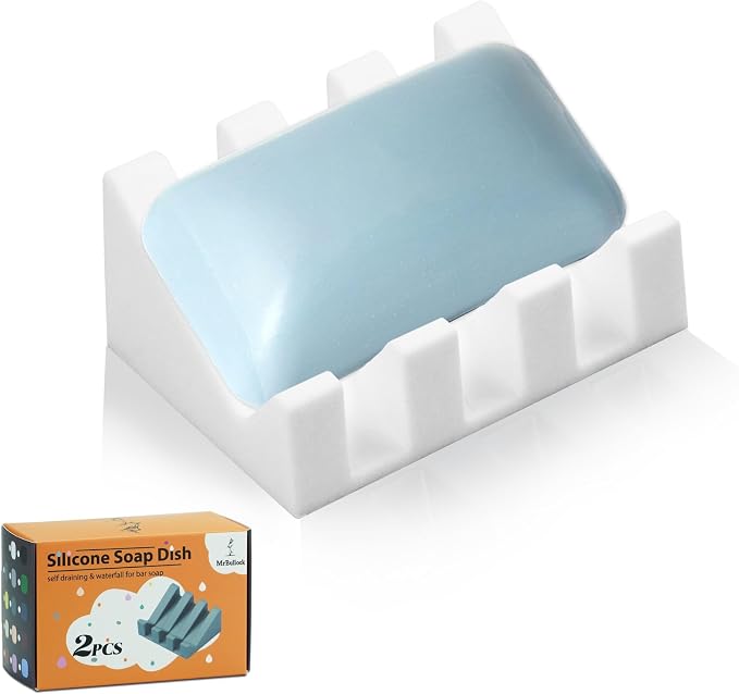 Self Draining Silicone Soap Dish Holder Waterfall Tray, 1 Pack White | Waterfall design drains fast to keep soap dry, non-slip silicone base anti slide, soap saver for bathroom & kitchen