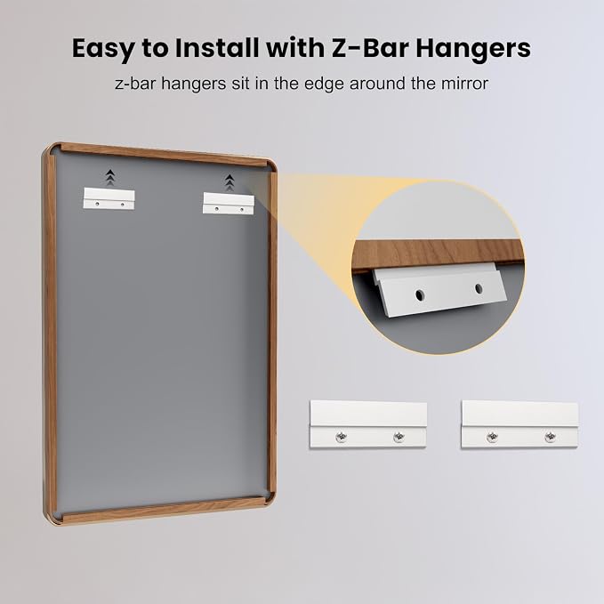 LOAAO 55X36 Inch Bathroom Mirror with Wood Grain Colored Metal Frame, Rounded Rectangle Metal Framed Bathroom Mirror, Anti-Rust, Hangs Horizontally or Vertically, Tempered Glass | Rounded Rectangle Metal Framed, Anti-Rust, Hangs Horizontally or Vertica...