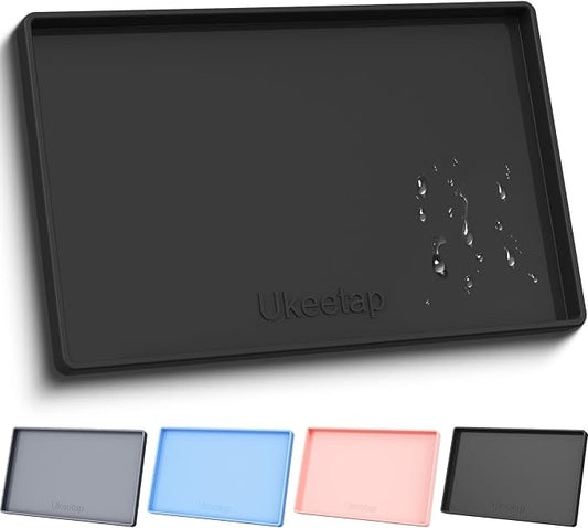 19" x 12" Extra Thick Silicone Mat Waterproof with Raised Edge, Black | BPA-Free Non-Slip Dog & Cat Food Mat, Feeding Mat for Food and Water Bowls, Spill Proof Mat to Protect Floors