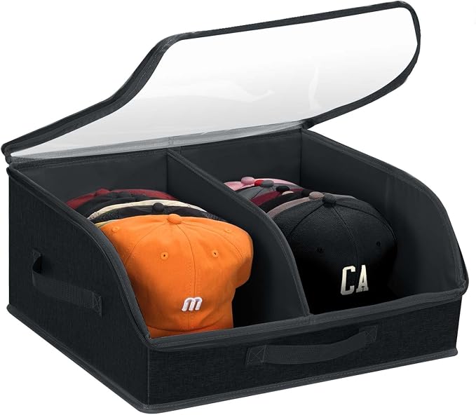 Hat Organizer for Baseball Caps, 2 Compartments Clear Window Hat Box for Closet Hold Up to 24 Caps, Hat Storage Holder Container with Sturdy Cardboard for Home Storage | Black