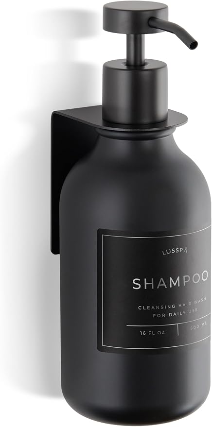 Shower Shampoo Dispenser Wall Mounted – Refillable 16.9 oz Black Bottle with Stainless Steel Pump & No-Drill Adhesive Holder – Soap Dispenser for Bathroom (1 X Black)