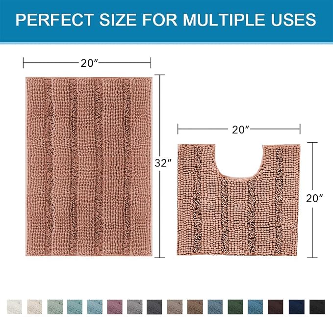 H.VERSAILTEX Bathroom Rugs Bath Rug Set 2 Piece Bathroom Contour Rug Toilet Mat Non Slip Contour Bath Rug Ultra Thick Water Absorbent Striped Bath Mats Washable(20" x 32" Plus 20" x 20" U, Muted Clay)