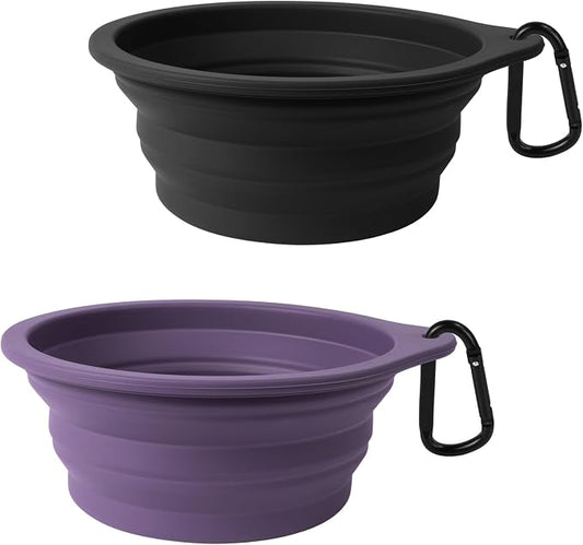 PetBonus 2-Pack Large Silicone Collapsible Dog Bowls, 34oz/1000ml BPA Free Portable Foldable Travel Bowl for Pet Cat, Food Water Feeding Dish for Camping with 2 Carabiners (Black, Dark Purple) | 34 Oz, Silicone, Foldable Expandable Cat Feeding Cup Dish...