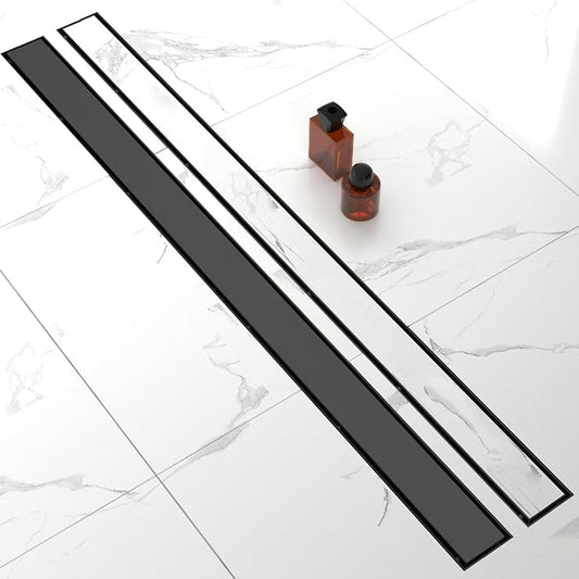 60-Inch Linear Shower Drain with Tile Insert Grate, SUS 304 Stainless Steel Linear Drain, Matte Black Long Rectangle Shower Floor Drain with Leveling Feet, Hair Strainer, Fits Bathroom