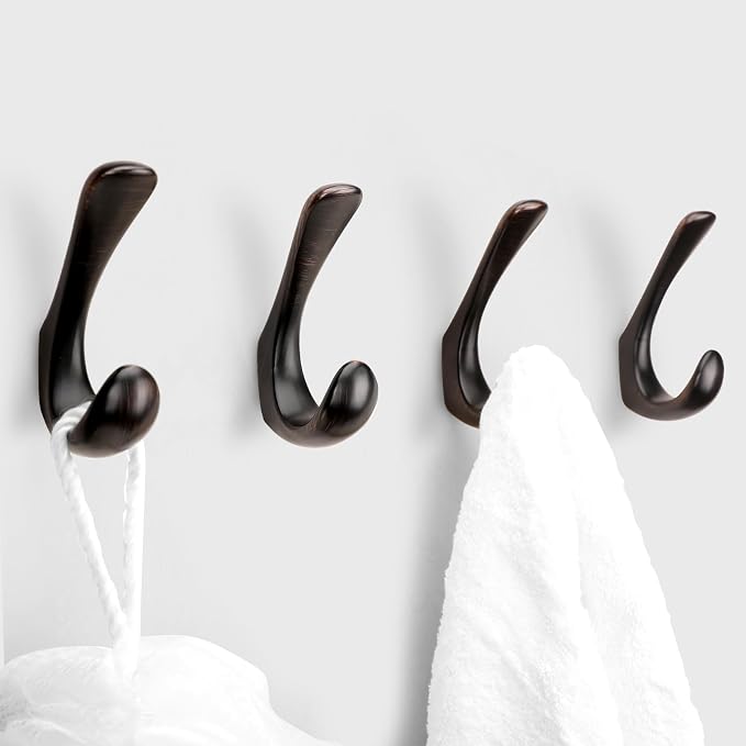 4 Pack Towel Hooks for Bathrooms Wall Mounted, Oil Rubbed Bronze Bathroom Hooks for Towels, Robe & Towel Hook for Wall, Modern Bath Towel Hook