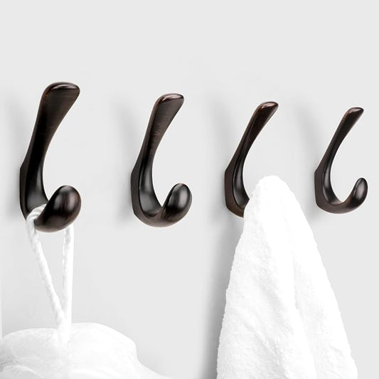 4 Pack Towel Hooks for Bathrooms Wall Mounted, Oil Rubbed Bronze Bathroom Hooks for Towels, Robe & Towel Hook for Wall, Modern Bath Towel Hook