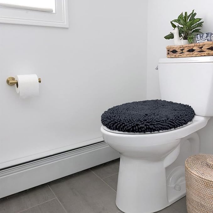 LuxUrux Toilet Lid Cover with Stretch Fit Elastic Band – Chenille Microfiber Toilet Seat Non-Slip Cover for Bathroom – Soft Plush, Machine Wash And Dry, Comfort & Clean Look (18 x 21'', Charcoal)