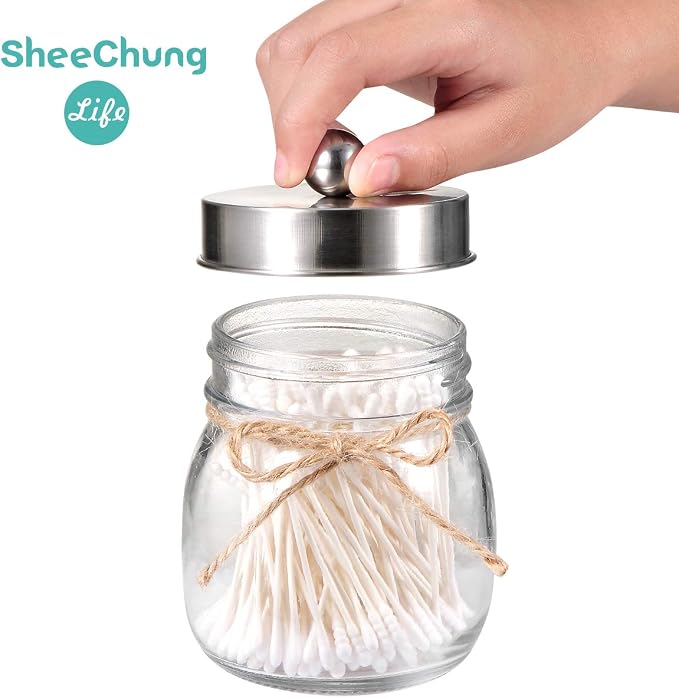 SheeChung Glass Mason Jar Qtip Holder, Brushed Nickel Stainless Steel Lid | Clear Apothecary Jar Canisters Set,Bathroom Jar Dispenser,Vanity Storage Organizer for Cotton Swab,Ball,Floss,Farmhouse Decor