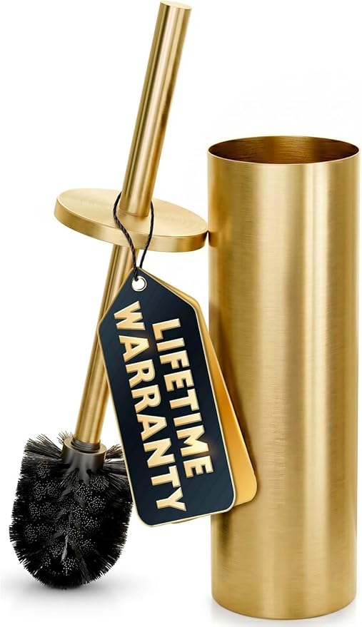 Gold Toilet Brush and Holder Set - Stainless Steel Gold Toilet Bowl Brush and Holder with Replaceable Head, Removable Inner Bowl, and Splash Guard - Dense Bristles for Thorough Cleaning