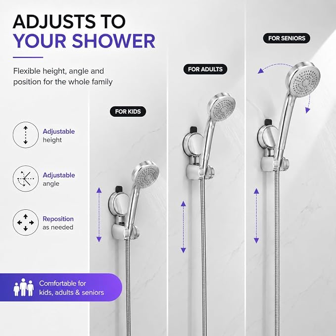 Suction Shower Head Holder, No Drill Handheld Shower Holder Wall Mount Adjustable Shower Wand Bracket with Vacuum Suction Cup Chrome, Removable Shower Head Holder for Smooth Wall