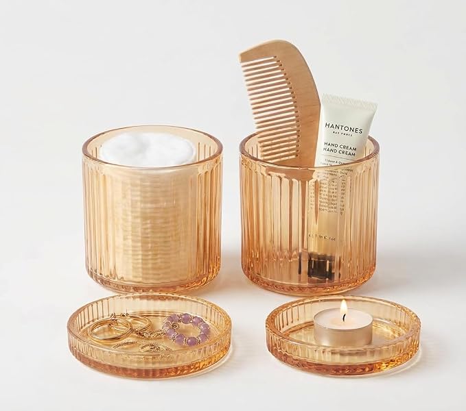 SheeChung Glass Qtip Holder Dispenser, 2-Pack Apothecary Jars- Vintage Sunburst Bathroom Organizer & Storage Set -Vanity Canister for Cotton Swabs, Balls, Pads - Luxury Modern Farmhouse Decor (Amber)