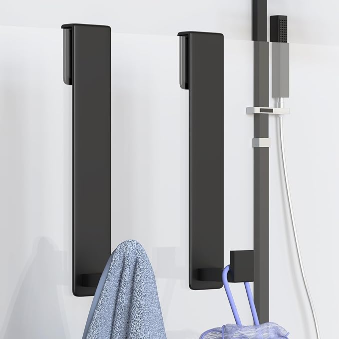 PMMASTO 10 Inch Extended Shower Door Hooks for Frameless Glass Bathroom, Stainless Steel Heavy Duty Over Door Towel and Robe Hanger (Black, Fits 3/8" Thick Door- L Shape)