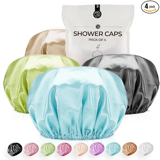 Shower Caps Satin Lined Waterproof for Women Men 4Pc Bright Mixed Colors | Double Layer 100 Percent Dry Jumbo Oversized Fits Thick Hair Smooth Lining Prevents Hair Frizz Snug Elastic Band No Pressure