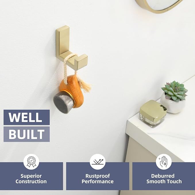 Angle Simple Towel Hook for Bathroom, SUS304 Stainless Steel Robe Coat Hook for Wall Mounted, Hand Towel Holder Brushed Gold