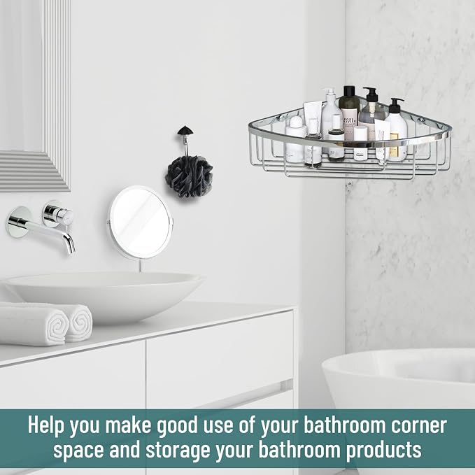 Stainless Steel Wall Mount Shower Caddy, Single Hook & Bath Wipe |Waterproof Durable Corner Shower Rack for Bathroom |Space Saving Bathroom Organizer & Storage for Shampoos Soap Bath Items | Silver