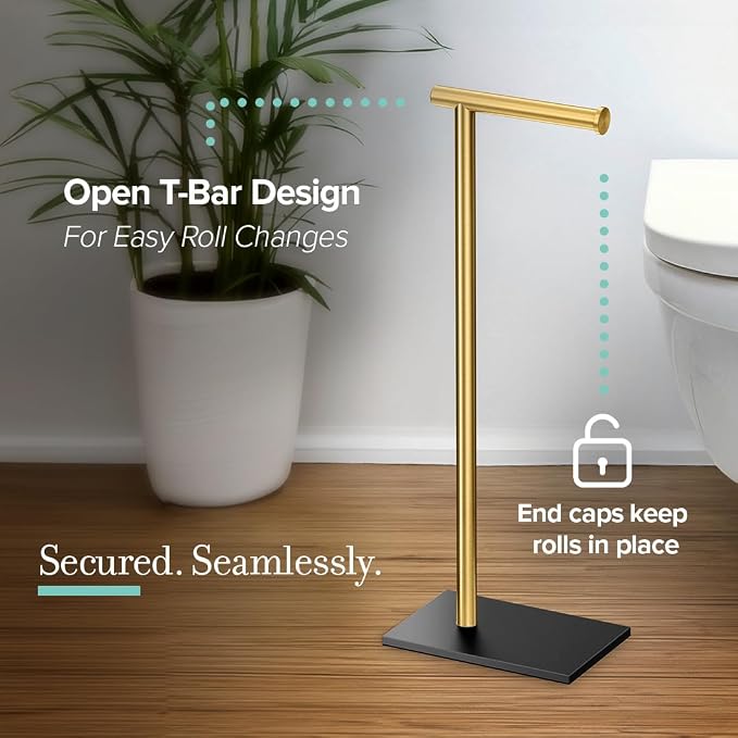 Gatco 1431MXB Modern Rectangle Base Freestanding Toilet Paper Holder, Matte Black/Brushed Brass, Weighted Base, 21.25" Bathroom Tissue Stand