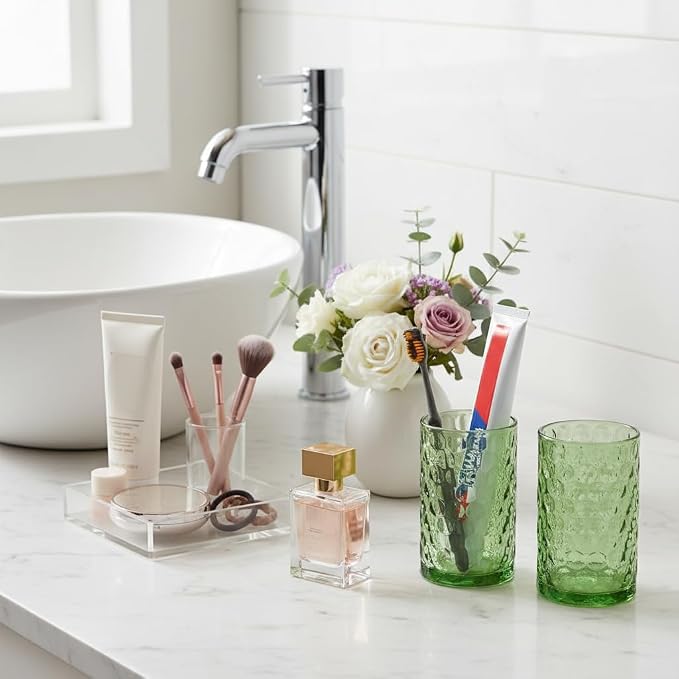 Bathroom Toothbrush Holder Set, 11oz Green Glass Toothbrush Holder and Bathroom Tumbler Cup Set, Decorative Countertop Storage Cups Organizer for Toothpaste, Brushes