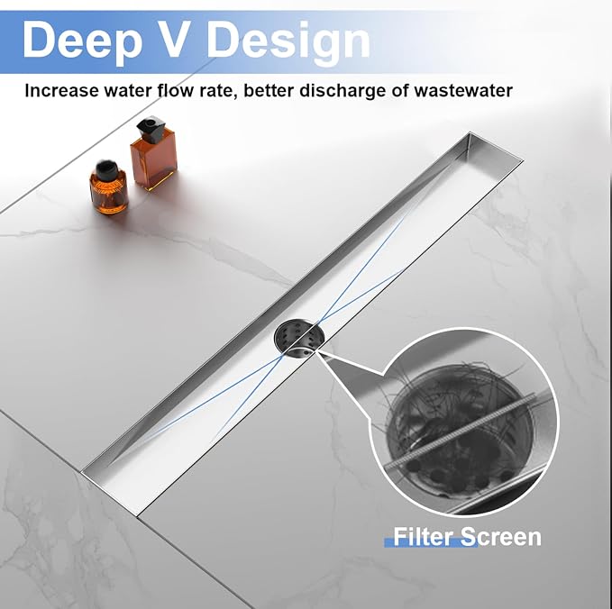 32-Inch Linear Shower Drain with Tile Insert Grate, SUS 304 Stainless Steel Linear Drain, Brushed Nickel Long Rectangle Shower Floor Drain with Leveling Feet, Hair Strainer, Fits Bathroom