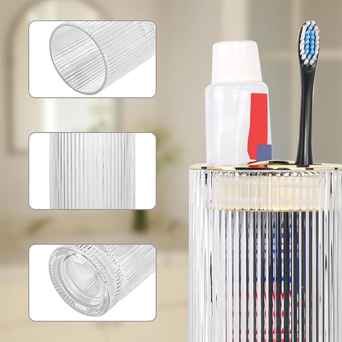 Toothbrush Holders for Bathrooms, 2pcs Clea Glass Toothbrush Holder and 14oz Bathroom Tumbler, Gold Tooth Brush and Toothpaste Holder Organizer Cup for Bathroom Vanity Countertop Decor