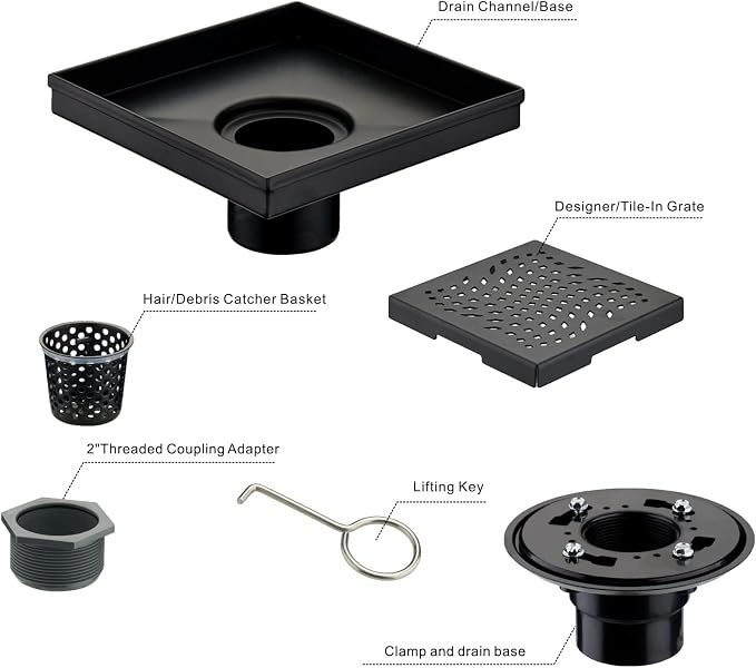Matte Black Shower Drain with Flange, HIDROP SUS 304 Stainless Steel 6 inch Square Shower Floor Drain with Removable Hair Strainer…