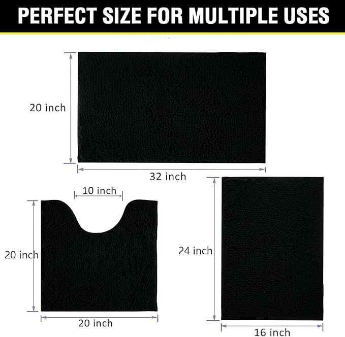 Black Bathroom Rug Chenille 3-Piece Extra Soft and Absorbent Shag Bathroom Rugs, Machine Wash Mat, Strong PVC Non-Slip Underside, Plush Carpet Mats (Black)