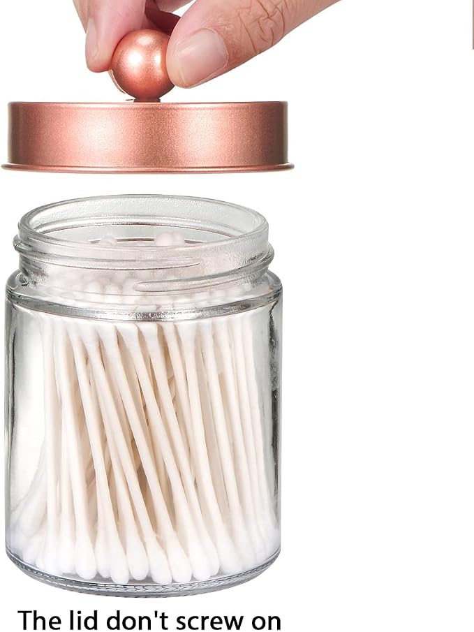 Amolliar Apothecary Jars Bathroom Storage Organizer -Countertop Storage Organizer Canister - Attractive Qtip Dispenser Holder Glass with Lid- for Cotton Swabs,Bath Salts,Hair Band / 2-Pack(Rose Gold)