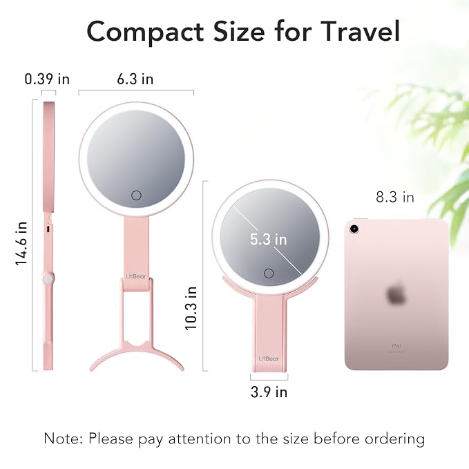 LitBear Travel Makeup Mirror with Lights, Rechargeable Double-Sided 10X/1X Magnifying Mirror, Portable Lighted Beauty Mirror, 3 Color Lighting, Dimmable Touch Screen, Tabletop Handhold Hanging (Pink)