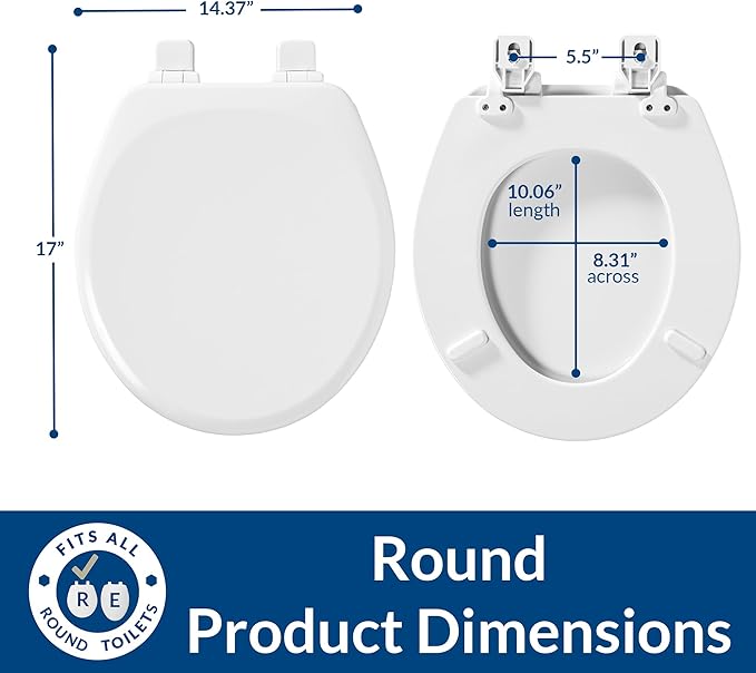 Mayfair Linden Slow Close Toilet Seat, Non Slip Heavy Duty Wood, Easy Install, Made in USA, Round, White, 2 Pack