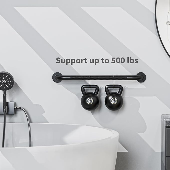 24 Inch Shower Grab Bar, ZUEXT Stainless Steel Bathroom Safety Handle w/Knurled Non-Slip Grip, Heavy Duty Wall Mounted Bathtub Toilet Support Rail for Elderly Seniors Disabled (Black, 1.25" Diameter)