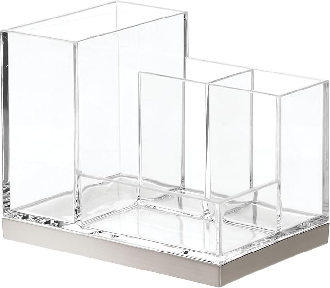 mDesign Plated Toothbrush and Toothpaste Holder, Storage Organizer Stand with 4 Compartments for Bathroom Countertop, Holders for Electric Toothbrush, Toothpaste, Hyde Collection, Clear/Brushed Chrome