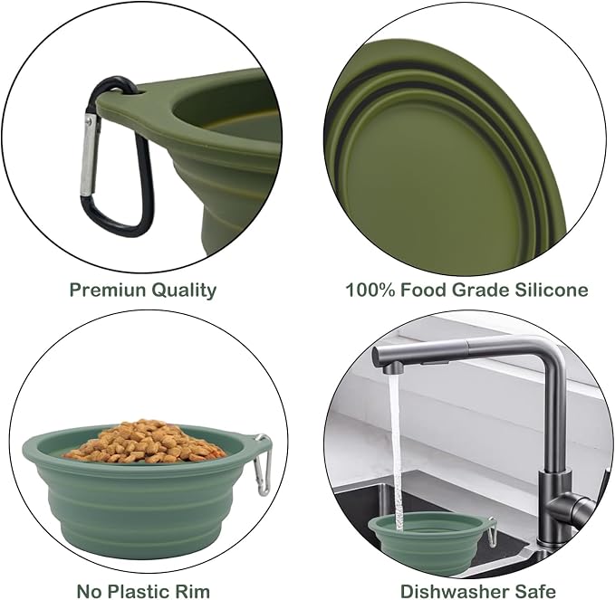 2 Pack Collapsible Dog Travel Bowls (21oz/600ml), 100% Food Grade Silicone Integrated Molding, No Plastic Rim, Portable Pet Feeding Watering Dishes for Outdoors with Clasp, BPA Free