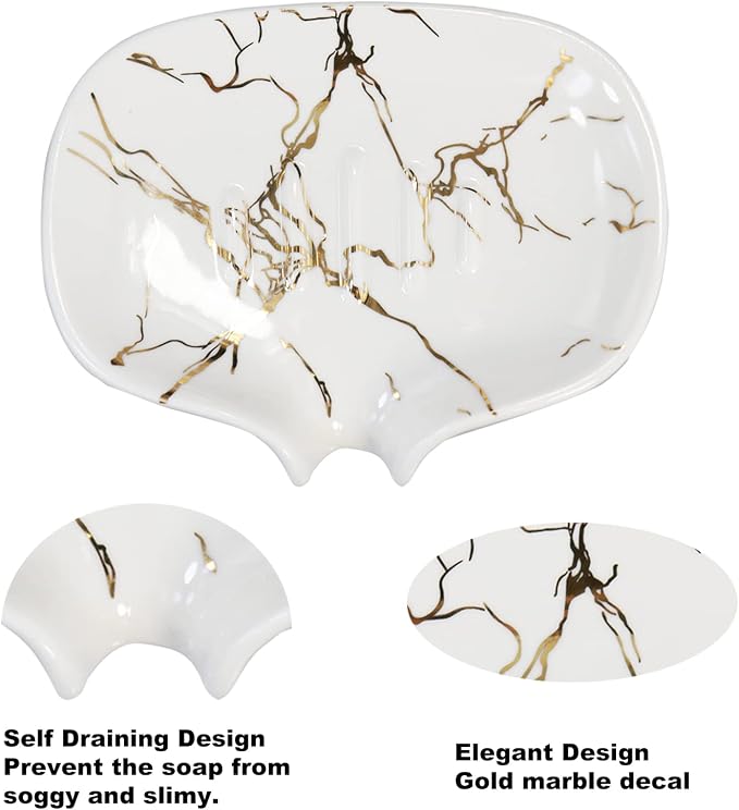 Gold Marble Texture Soap Dish Ceramic Soap Holder Self Draining Soap Dish Waterfall Slot Sponge Holder Bathroom Accessories for Bathroom, Kitchen,Bar Counter.