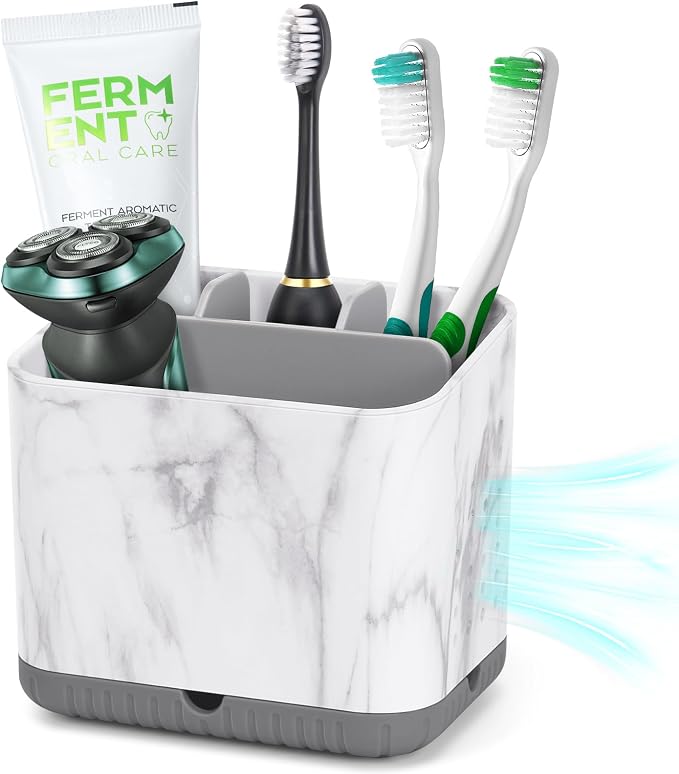 PARKMANI Toothbrush Holders for Bathrooms, Tooth Brush Holder for Bathroom Countertop Organizer, Kids Electric Toothbrush and Toothpaste Holder (Grey Marble Grain)