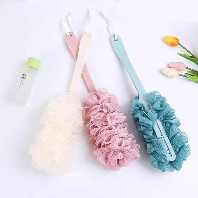 Back Scrubber for Shower,Loofah Long Handle Bath Body Brush,Soft Nylon Mesh Sponge for Shower,Loofah On a Stick for Men Women,Exfoliating Scrub Cleaning Luffa for Elderly(3-Pack,Blue)