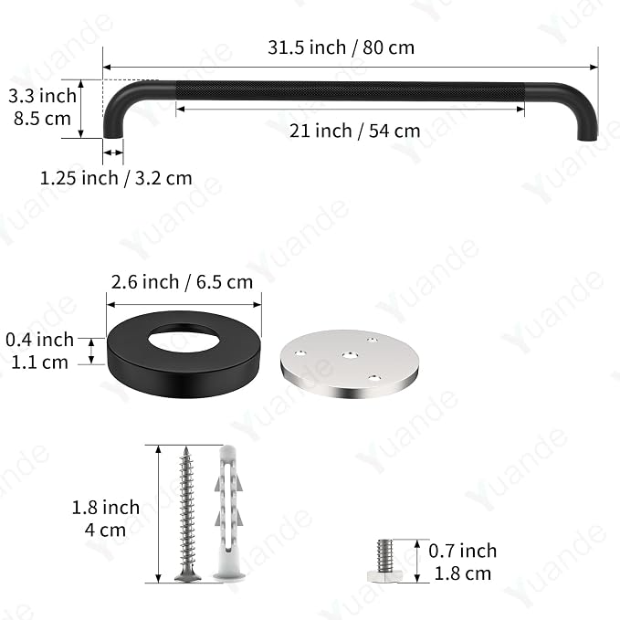 32 Inch Black Shower Grab Bar with Anti-Slip Knurled Grip,YuanDe Stainless Steel Bathroom Grab Bars，Shower Handrail Support, Handicap Elderly Balance Assist Handles