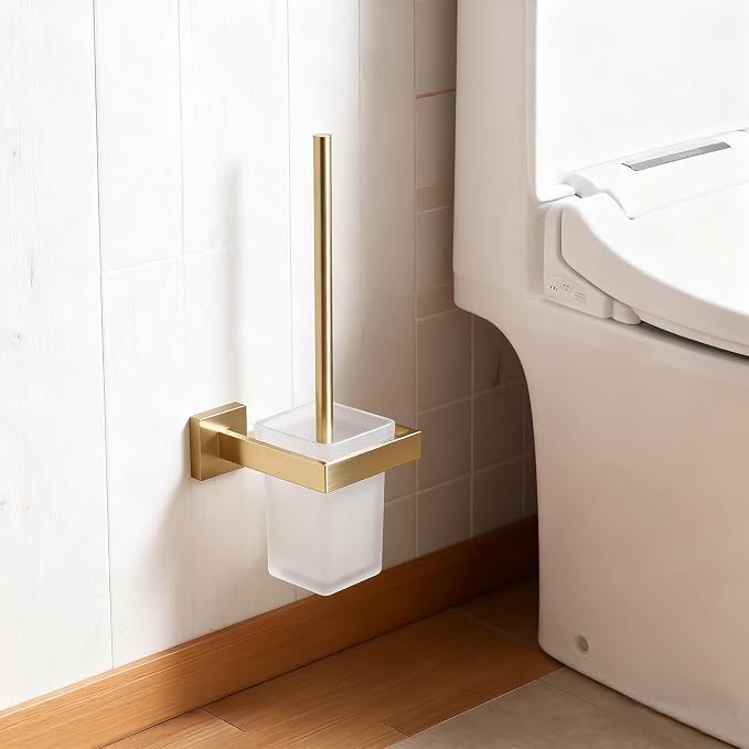 Brushed Gold Toilet Brush and Holder Set, NEWRAIN Wall Mounted Toilet Bowl Brush with Long Handle, Stainless Steel Toilet Brushes for Bathroom-Space Saving