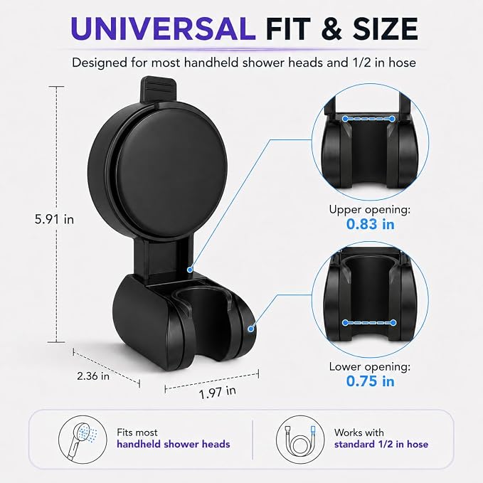 Suction Shower Head Holder, Black Adjustable Handheld Shower Wand Holder for Bathroom Wall, No Drill Vacuum Suction Cup Shower Bracket Removable Shower Holder for Smooth Surface