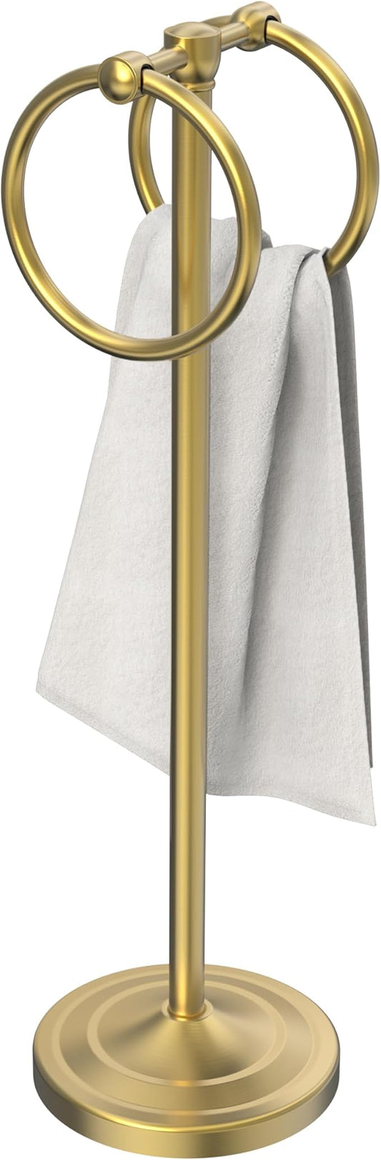 18" Hand Towel Holder Stand, Stainless Steel Free Standing Towel Rack Bar,Double Ring Towel Hanger with Weighted Base, Towel Hardware for Bathroom Vanity Kitchen Countertops(Brushed Gold)