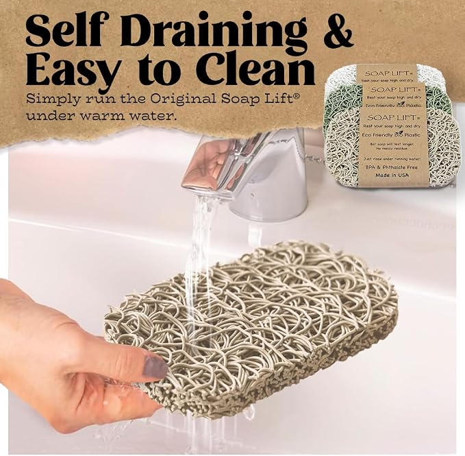 Soap Lift Soap Bar Holder - Flexible Shower Tray with Self-Draining Design - Soap Saver Made of BPA-Free Bioplastic - Handmade Soap Lift for Dishes, Shower & Bathroom Sink -3-Pack (Sage, Bone & White)